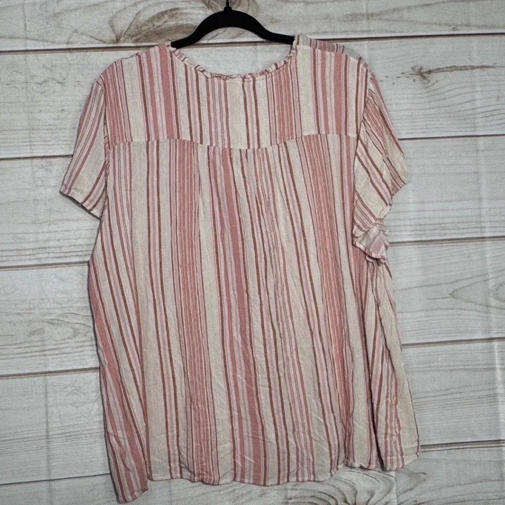 Mason & Belle Pink Red Striped Embroidered V-Neck Flutter Sleeve Blouse 3X - Picture 2 of 6
